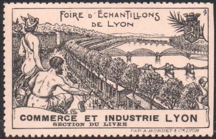 France : Lyon : Vignette Cinderella 1916 Foire d'Echantillons de Lyon : Section du Livre : Train + Tramway